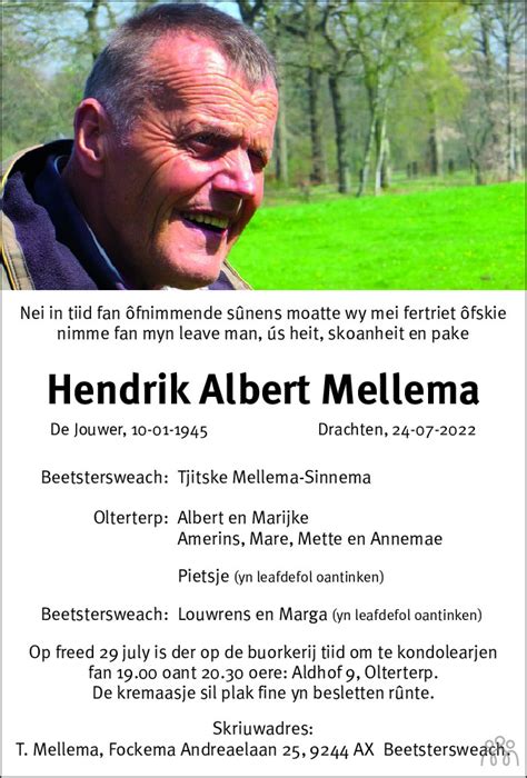 Hendrik Albert Henk Mellema 24 07 2022 Overlijdensbericht En