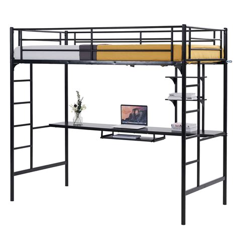 Full Size Loft Bed With Desk And Shelves Metal Loft Bed Frame With 2 Built In Ladder And Safety