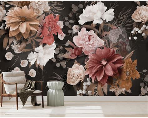 Realistic Dark Floral Wallpaper Mural • Wallmur®