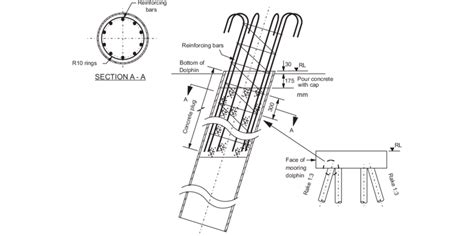 Typical connection between a steel pile and a concrete pile cap. RL
