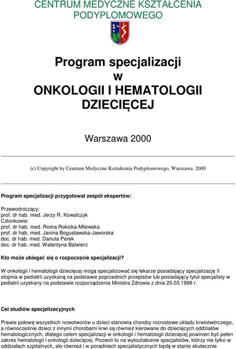 Program Specjalizacji W Onkologii I Hematologii Dzieci Cej Pdf Free