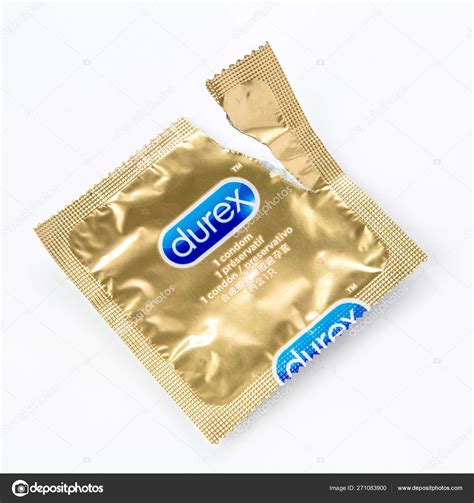 Torn Contraceptive Golden Condom Durex Stock Editorial Photo