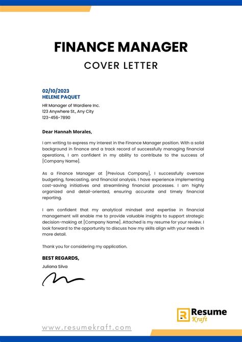 5 Finance Manager Cover Letter Examples And Templates In 2025