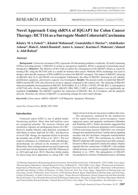 PDF Novel Approach Using ShRNA Of IQGAP1 For Colon Cancer Therapy