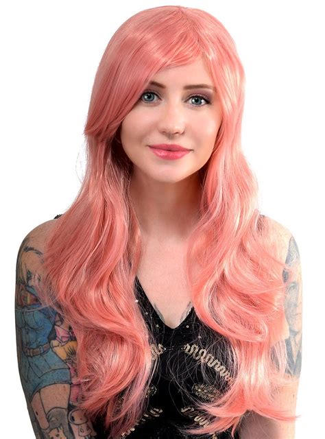 Pastel Pink Womens Wavy Wig Long Pink Costume Wig With Side Fringe