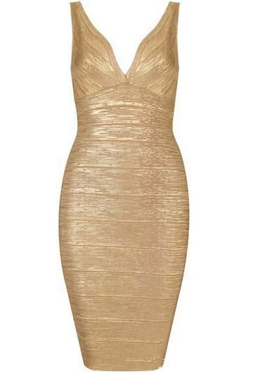 V Neck Knee Length Bandage Dress In Gorgeous Gold On Luulla