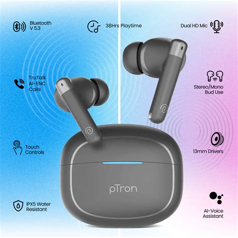 pTron Bassbuds Duo Pro TWS Earbuds with HD Mic (Grey) - pTron India