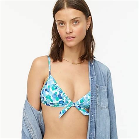 J Crew Swim J Crew Eco Ruched Bikini Top Blueberry Floral Blue Green Large Ruffle Summer