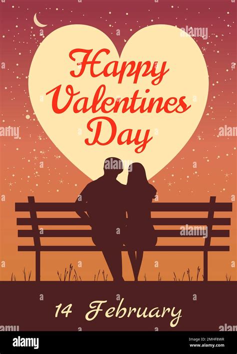 Happy Valentines Day Poster Retro Silhouette Loving Couple On The Bench At Night Stock Vector