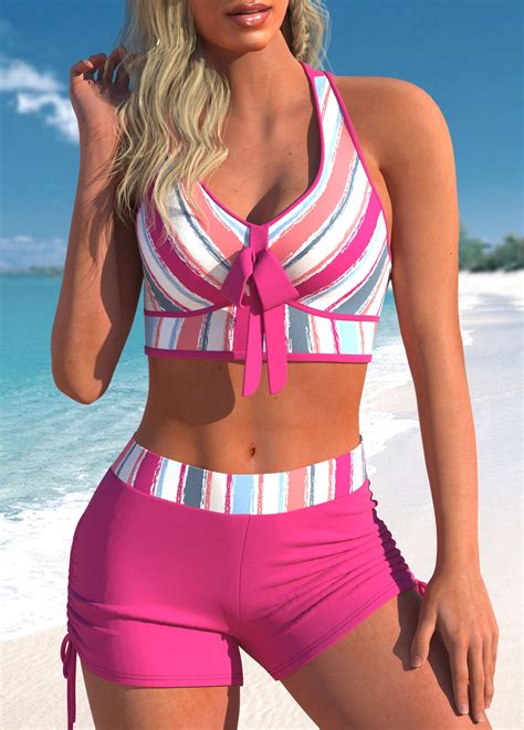 Multi Stripe Print Criss Cross Hot Pink Bikini Set Rosewe Usd