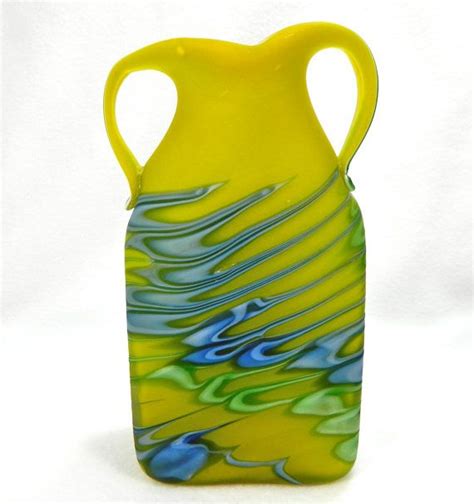 Vintage Azerbaijan Art Glass Vase Yellows Blue And Green Art Etsy Glass Art Art Glass Vase