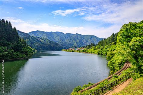 Beautiful Tadami River Tadami Line Railway And Village In Oshi