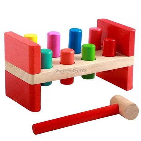 Classic Pounding Bench Wooden Toy Pound A Peg Toy With Wood Hammer For