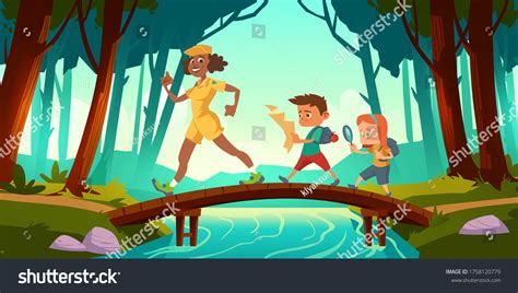 Hikers Walk Over Bridge Crossing River Stock Vector Royalty Free