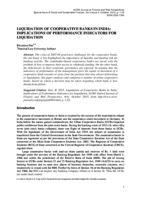 Pdf Liquidation Of Cooperative Banks In India Implications Of