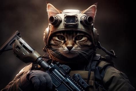 Premium Ai Image A Cat With A Rifle And A Helmet