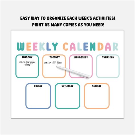 Weekly Calendar for Kids, Preschool Printable, Printable Planner, Days ...