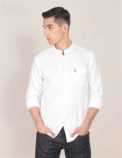 Men White Mandarin Collar Solid Casual Shirt Us Polo Assn India