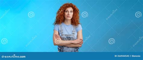 Unsure Confused Redhead Curly Woman Look Perplexed Uncertain Cross Arms