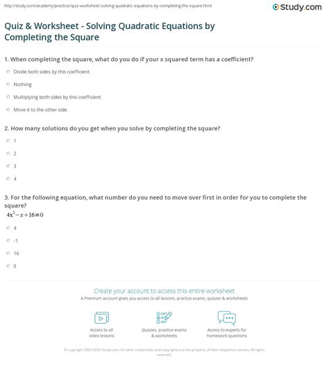 Quiz & Worksheet - Solving Quadratic Equations by Completing the Square ...