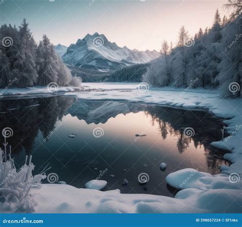 Serene Winter Landscape With A Snow Covered Forest Icy Lake And