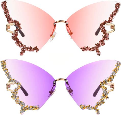 Luxury Diamond Butterfly Sunglasses Women Vintage Rimless Oversized Rhinestone Bling Sun Glasses