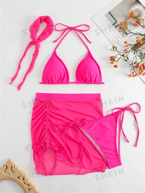 Shein Swim Vcay Summer Beach Plain Halter Triangle Bikini Set With