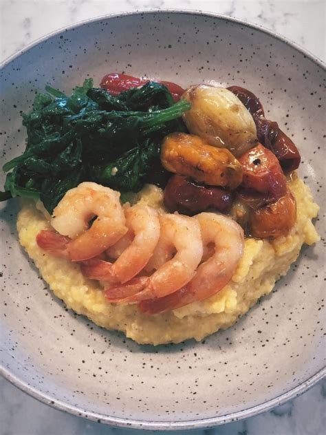 shrimp  polenta  slow roasted tomatoes  spinach desocio