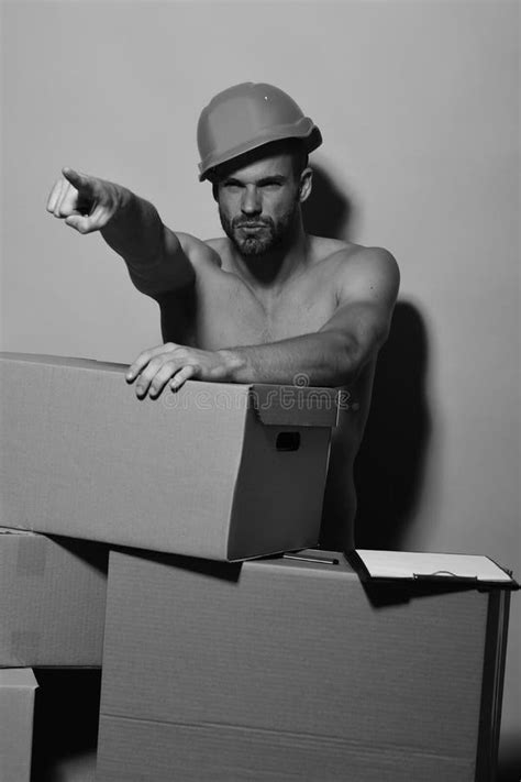 Guy With Torso Stands Naked Behind Boxes Stock Image Image Of Bristle Deliveryman 120983587