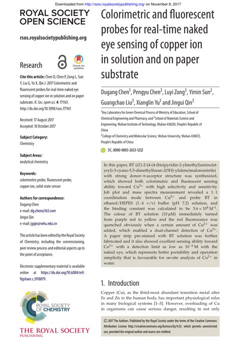 PDF Colorimetric And Fluorescent Probes For Real Time Naked Eye Sensing Of Copper Ion In