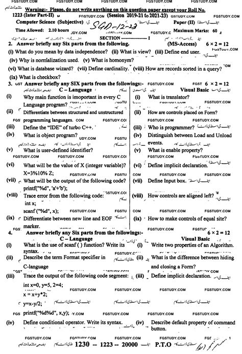 12th Class Computer Science Past Paper 2023 Sargodha Board Subjective