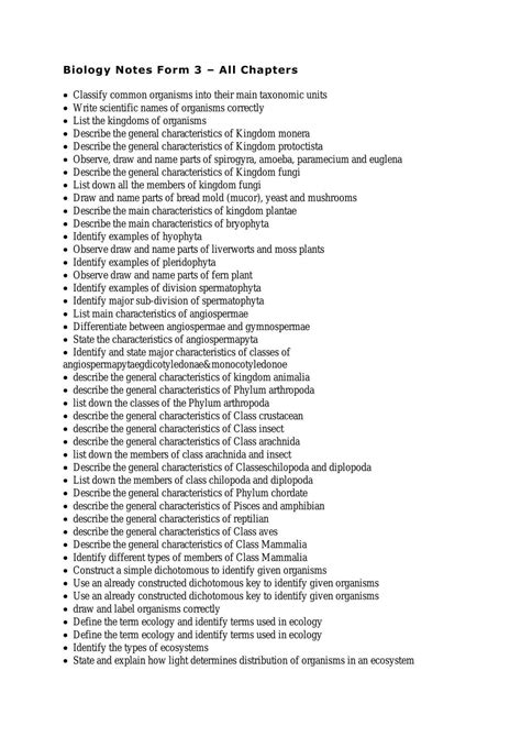 Biology Notes Form 3 All Chapters Biology Form 4 Spm Thinkswap