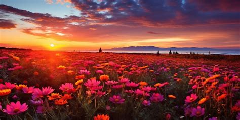 Belo pôr do sol sobre o campo flores rosa cosmos paisagem colorida