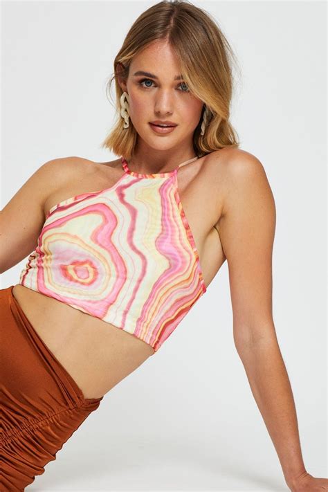 Women’s Abstract Print Crop Top Halter Neck Ally Fashion