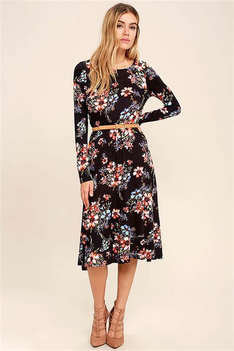 Lovely Navy Blue Dress Floral Print Dress Long Sleeve Dress 38