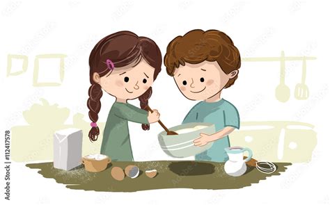 Niños cocinando en la cocina Están preparando un postre entre los dos