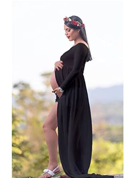 Buy Mommy And Jennie Maternity Dress Off Shoulder Long Sleeve Split Front