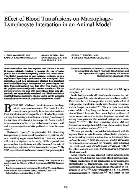 Pdf Effect Of Blood Transfusions On Macrophage Lymphocyte Interaction