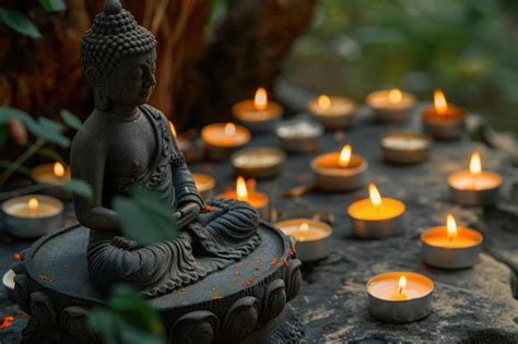 Premium Photo | Buddha Statue With Candles In Natural Background