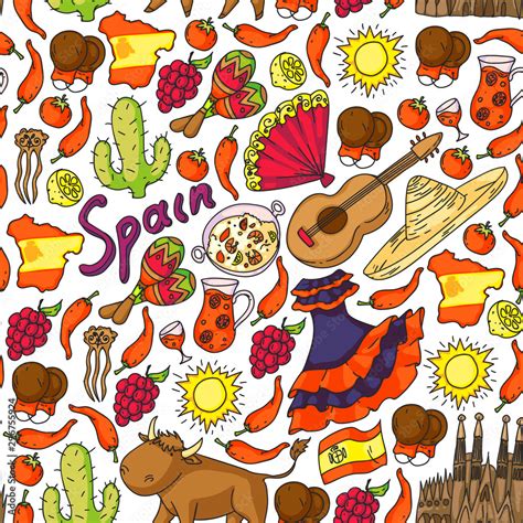 Spain Vector Pattern Spanish Traditional Symbols And Objects Stock