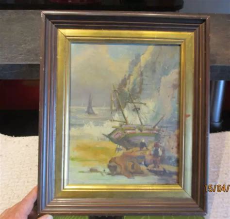 ANCIEN PETIT TABLEAU Peinture sur Bois Bateau Voilier Echoué Signature