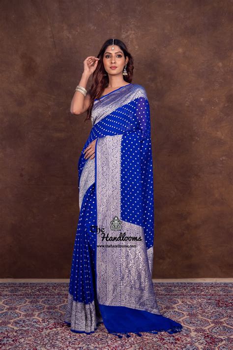 Royal Blue Khaddi Georgette Handloom Banarasi Saree — The Handlooms