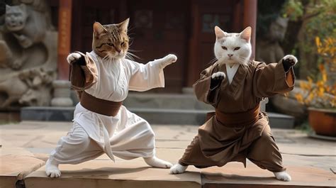 Premium Photo Two Cats In Karate Outfits Doing Martial Arts