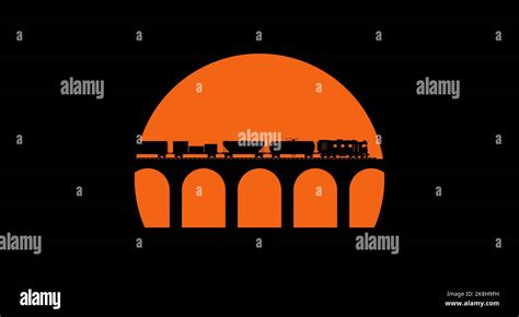 Freight train silhouette rides on the old arch bridge at sunset. Old ...