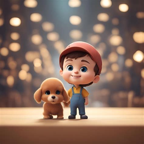 Ilustração 3d de um menino bonito e um cão na frente de um fundo bokeh