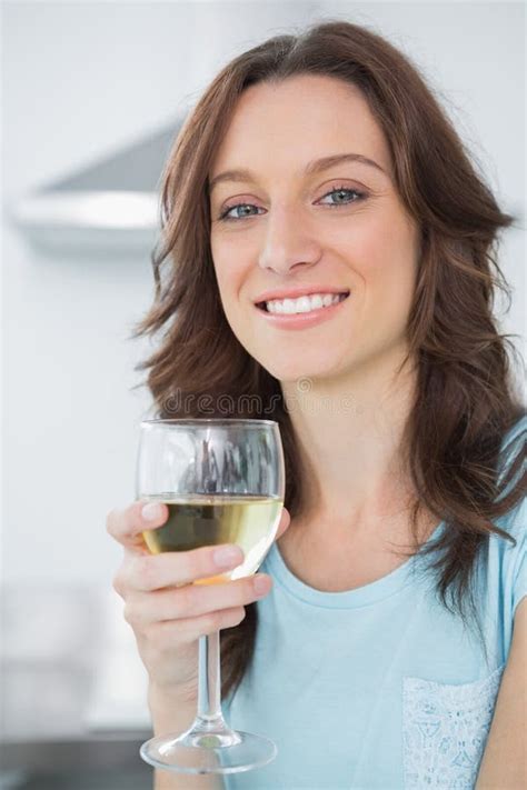 Brunette Having A Glass Of White Wine Stock Image Image Of Relaxing Indoors