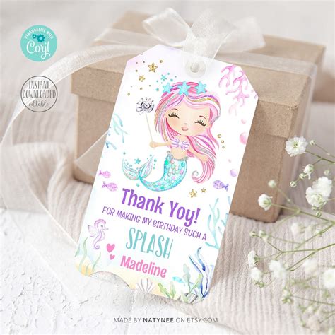 editable  mermaid favor tag girl  birthday gift label