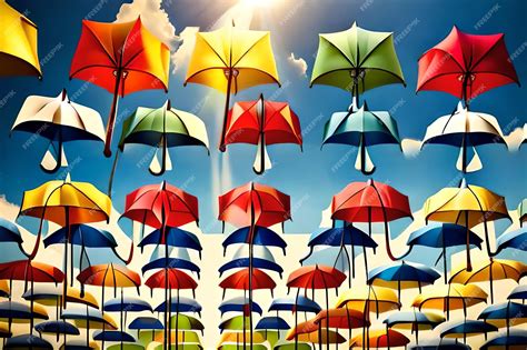 Premium AI Image | a colorful series of umbrellas with the sun behind them.