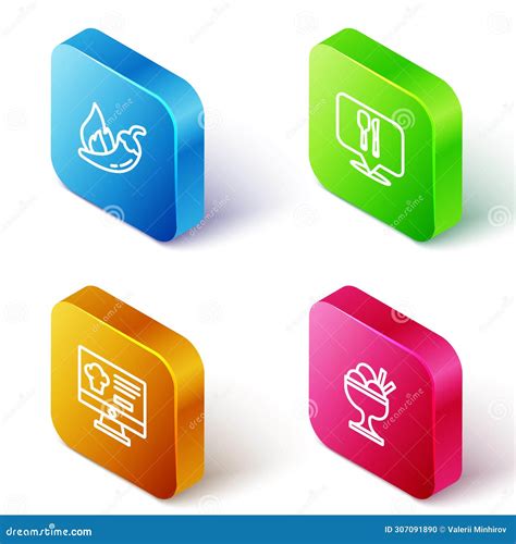 Set Isometric Line Hot Chili Pepper Pod Cafe And Restaurant Location Online Ordering Delivery