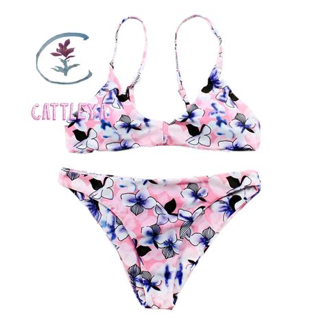 Cattleya Floral Printed Bikini Set Low Waist Thong Bottom Sexy